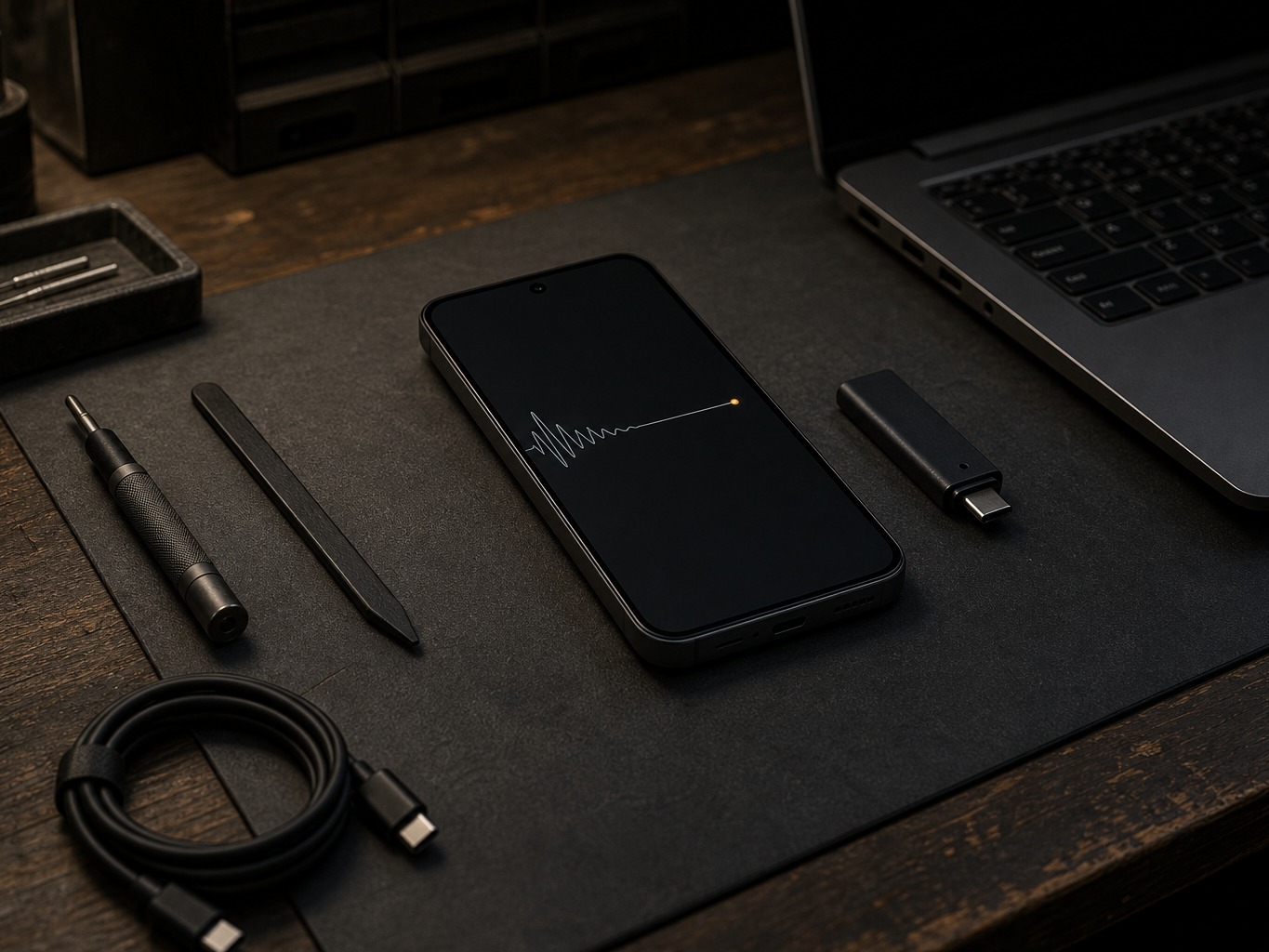 Rendering of a workbench with a HushPhone, a USB drive and a laptop. Not a photograph; product photography is pending.