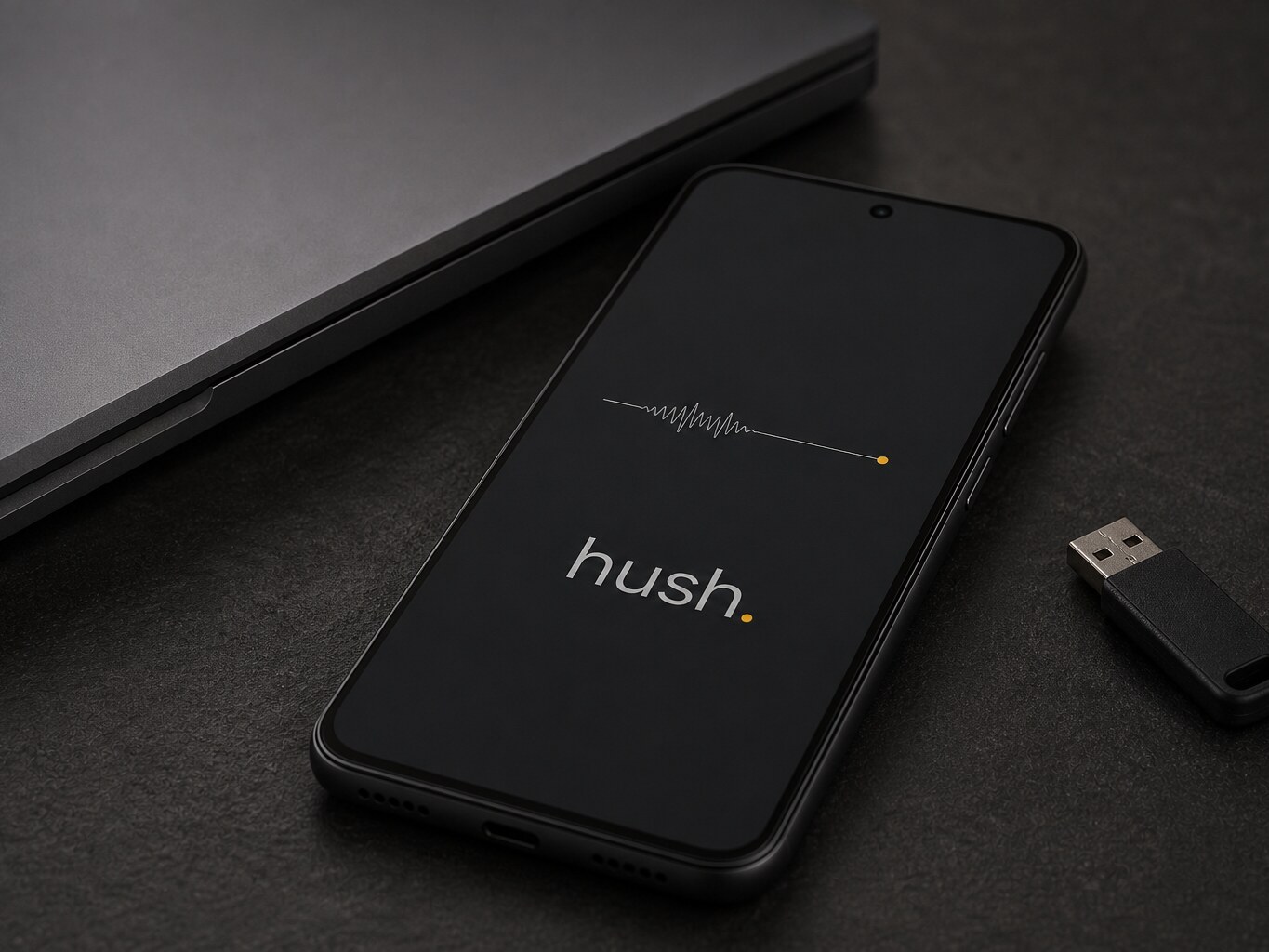HushSecurity hardware bench with encrypted devices under low warm light.
