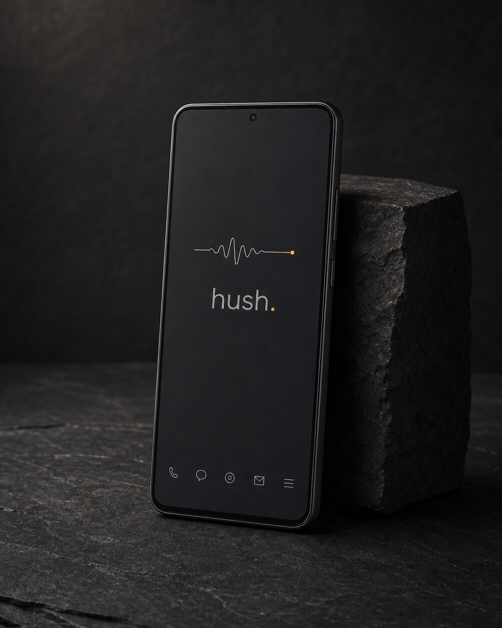 HushPhone 9 in anodized graphite, photographed under low warm light.